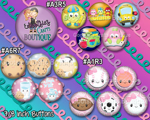#A1R3, A6R7, A1R3 - GCB  Schools owls, Cookies & Milk, Sports Girlie  7/8 inch flatback buttons