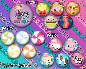 #A2R6 - GCB  Food emoji, Cardies, Farm animals  7/8 inch flatback buttons
