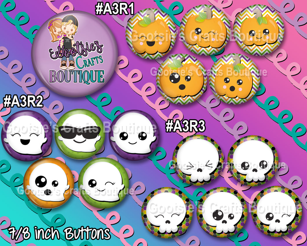 #A3R1 - GCB  Pumpkins, Ghosts, & Skulls  7/8 inch flatback buttons