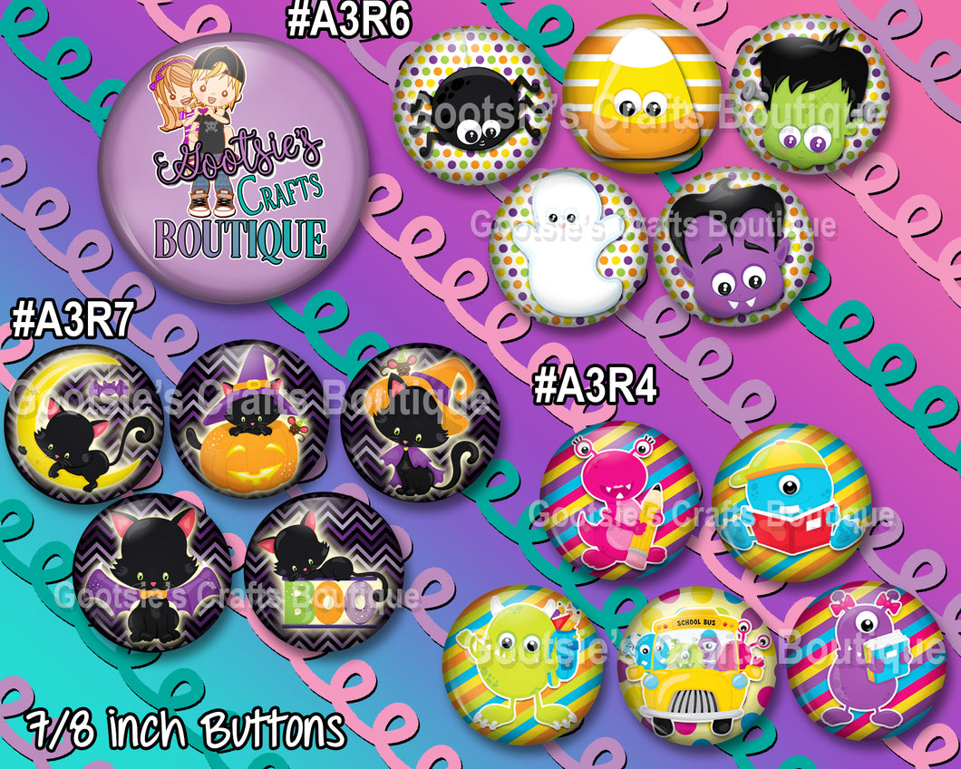 #A3R6 - GCB  Halloween Friends, Black Cat, School Monsters  7/8 inch flatback buttons