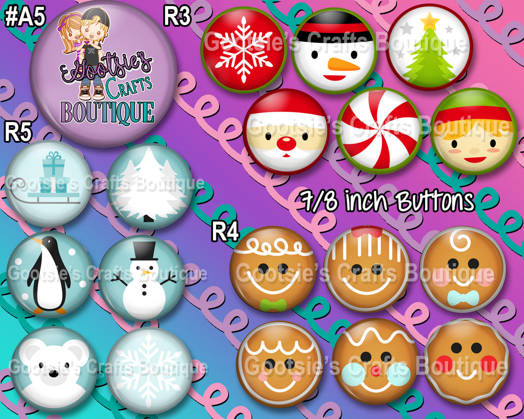 #A5R3 - GCB Christmas friends, Holiday Friends, and Ginger Bread Cookies 7/8 inch flatback buttons