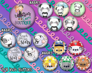 #A6R1 - GCB  Panda, Panda Dreamers, Dog Patrol  7/8 inch flatback buttons