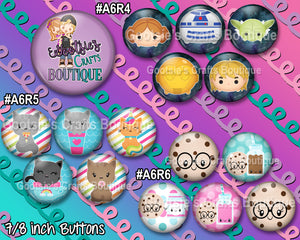 #A6R4 - GCB  Star Fighers, Kats, Cookies & Milk 7/8 inch flatback buttons