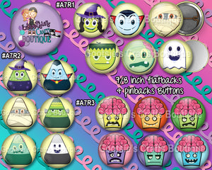#A7R1 - GCB  Horror characters, Candy corn and zombie cupcakes 7/8 inch flatback buttons