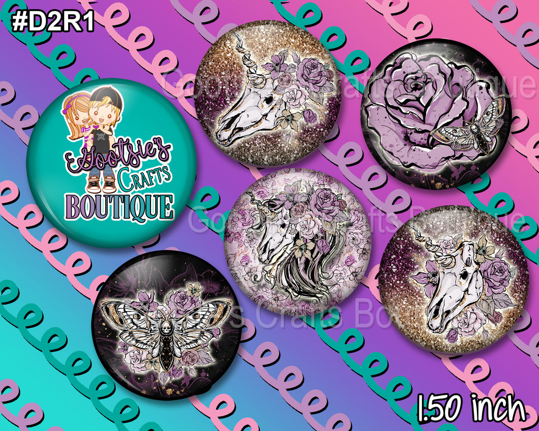 #D2R1 1.50 inch flatback buttons Dead Unicorns