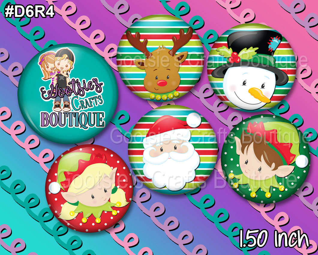 #D6R4 1.50 inch flatback buttons Santa and friends stripes