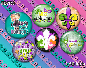#D7R3 1.50 inch flatback buttons Mardi Gras Princess