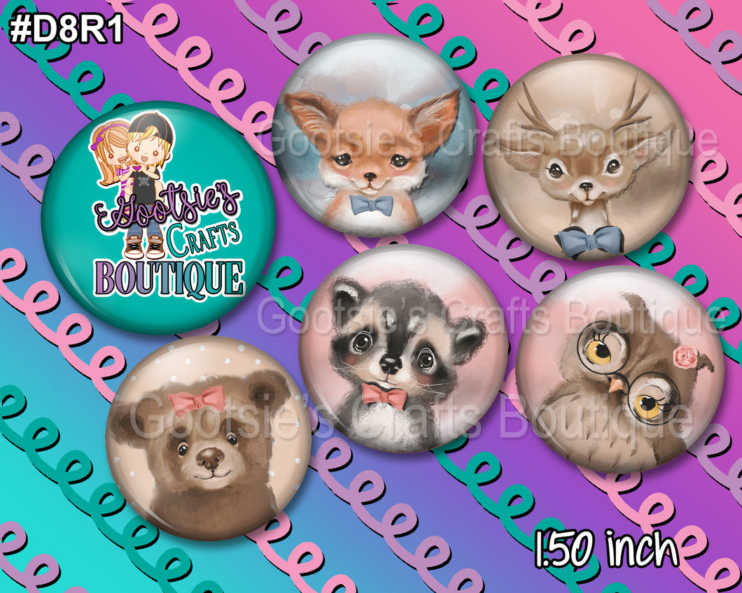 #D8R1 1.50 inch flatback buttons Woodland Animal Friends