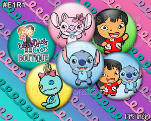 E1R1 1.75 inch Flatback buttons Blue Alien and friends