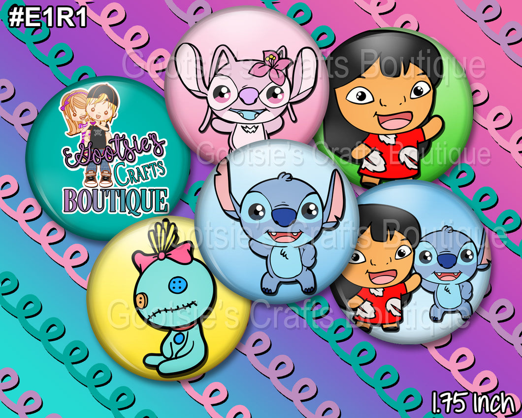 E1R1 1.75 inch Flatback buttons Blue Alien and friends