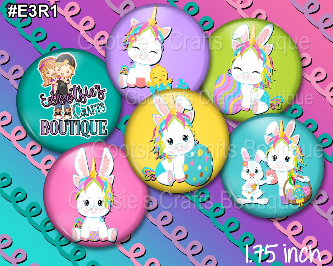 E3R1 1.75 inch Flatback buttons Unicorn Bunnies Easter