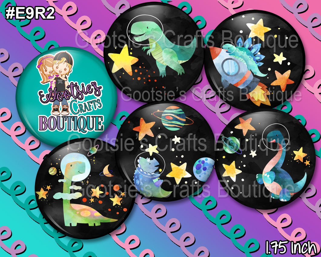 E9R2 1.75 inch Flatback buttons Outer space dinosaurs
