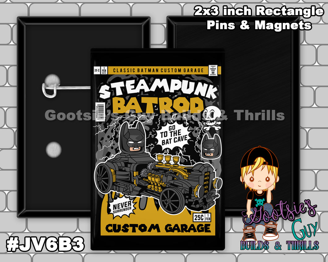 #JV6B3 - Steampunk BatRod - 2x3 inch rectangle button