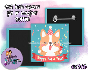 #K3B6 - New Years Corgi - 2x2 inch square button