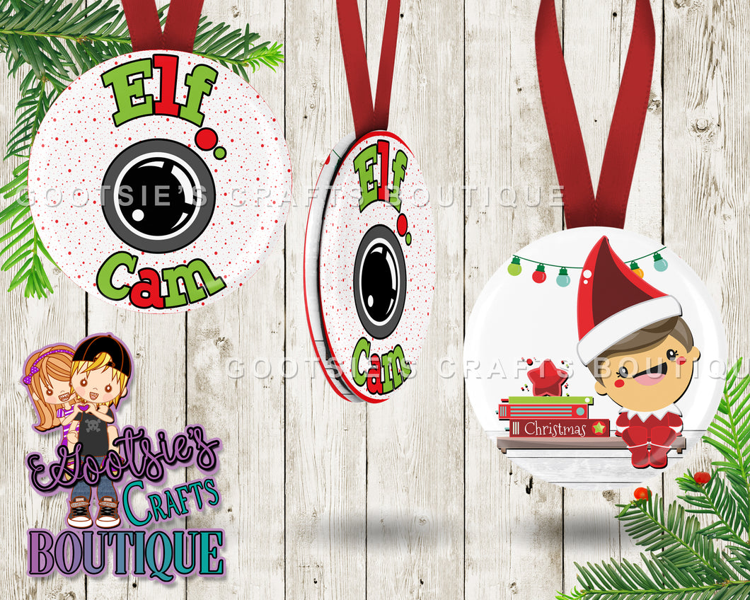 3 inch Double sided Ornament Elf cam & an elf sitting on a Shelf