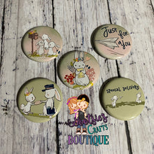 Load image into Gallery viewer, #C16R2 - GCB Postman Bunnies 1.25 inch flatback buttons M2M ribbon
